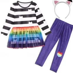 3 Pieces Kids Girls' Stripe Pants Suit Set Long Sleeve Fashion Outdoor 4 years+ Summer Rainbow Set Rainbow Set+Hairband Black White Set+Hairband
