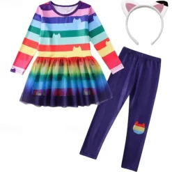 3 Pieces Kids Girls' Stripe Pants Suit Set Long Sleeve Fashion Outdoor 4 years+ Summer Rainbow Set Rainbow Set+Hairband Black White Set+Hairband