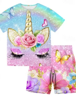 2 Pieces Kids Girls' T-shirt & Shorts Clothing Set Outfit Animal Unicorn Short Sleeve Crewneck Set Outdoor Active Fashion Cute Summer Spring 3-13 Years Pink