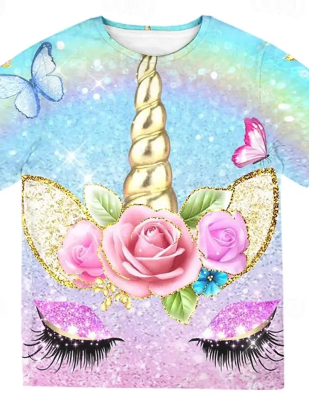 2 Pieces Kids Girls' T-shirt & Shorts Clothing Set Outfit Animal Unicorn Short Sleeve Crewneck Set Outdoor Active Fashion Cute Summer Spring 3-13 Years Pink