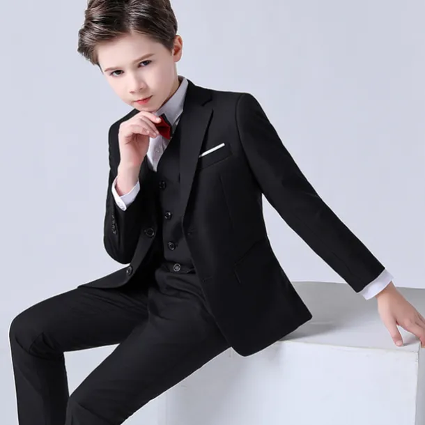 4 Pieces Ring Bearer Suit Boys Kids Suit & Blazer Blazer & Vest & Pants & Shirt & Tie Formal Set Clothing Set Party Special Occasion Birthday Fashion Gentle Solid Color Black Dusty Blue Spandex