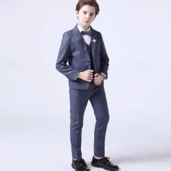 4 Pieces Ring Bearer Suit Boys Kids Suit Formal Suit Blazer & Vest & Pants & Tie Formal Set Formal Party Fashion Cool Plaid Pocket Blue Cotton