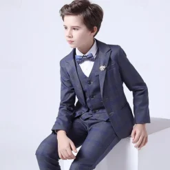 4 Pieces Ring Bearer Suit Boys Kids Suit Formal Suit Blazer & Vest & Pants & Tie Formal Set Formal Party Fashion Cool Plaid Pocket Blue Cotton
