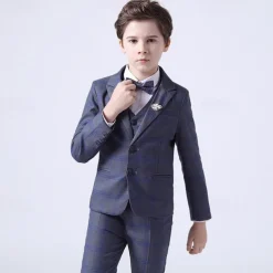 4 Pieces Ring Bearer Suit Boys Kids Suit Formal Suit Blazer & Vest & Pants & Tie Formal Set Formal Party Fashion Cool Plaid Pocket Blue Cotton