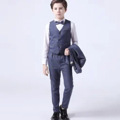 4 Pieces Ring Bearer Suit Boys Kids Suit Formal Suit Blazer & Vest & Pants & Tie Formal Set Formal Party Fashion Cool Plaid Pocket Blue Cotton