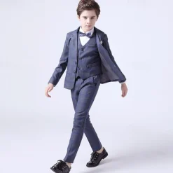 4 Pieces Ring Bearer Suit Boys Kids Suit Formal Suit Blazer & Vest & Pants & Tie Formal Set Formal Party Fashion Cool Plaid Pocket Blue Cotton
