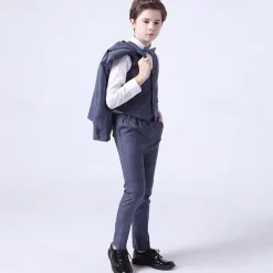 4 Pieces Ring Bearer Suit Boys Kids Suit Formal Suit Blazer & Vest & Pants & Tie Formal Set Formal Party Fashion Cool Plaid Pocket Blue Cotton
