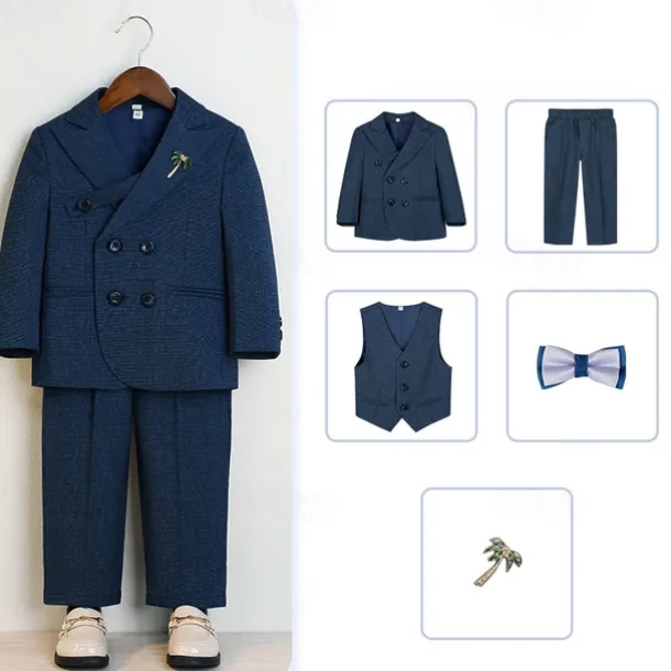 5 Pieces Ring Bearer Suit Boys Kids Suit Formal Suit Blazer & Vest & Pants & Brooch & Tie Formal Party Valentines Fashion Cool Solid Color Pocket Navy Blue Light Blue Polyester