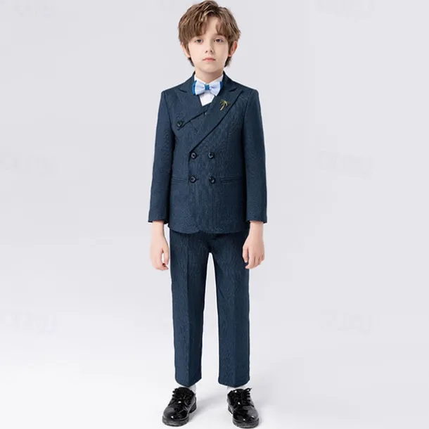 5 Pieces Ring Bearer Suit Boys Kids Suit Formal Suit Blazer & Vest & Pants & Brooch & Tie Formal Party Valentines Fashion Cool Solid Color Pocket Navy Blue Light Blue Polyester