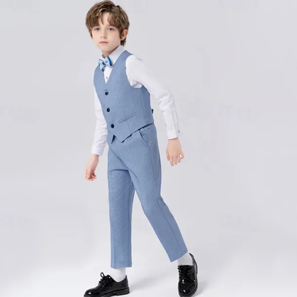 5 Pieces Ring Bearer Suit Boys Kids Suit Formal Suit Blazer & Vest & Pants & Brooch & Tie Formal Party Valentines Fashion Cool Solid Color Pocket Navy Blue Light Blue Polyester