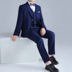 4 Pieces Ring Bearer Suit Boys Kids Suit Formal Suit Shirt & Pants Formal Party Valentines Fashion Cool Solid Color Pocket Black Navy Blue Polyester