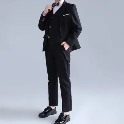 4 Pieces Ring Bearer Suit Boys Kids Suit Formal Suit Shirt & Pants Formal Party Valentines Fashion Cool Solid Color Pocket Black Navy Blue Polyester