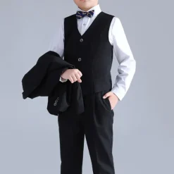 4 Pieces Ring Bearer Suit Boys Kids Suit Formal Suit Shirt & Pants Formal Party Valentines Fashion Cool Solid Color Pocket Black Navy Blue Polyester