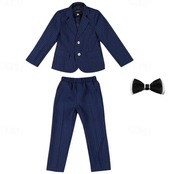 3 Pieces Ring Bearer Suit Boys Kids Suit Formal Suit Suit & Blazer Formal Set Formal Party Fashion Cool Stripe Pocket Black Navy Blue Polyester