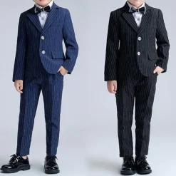 3 Pieces Ring Bearer Suit Boys Kids Suit Formal Suit Suit & Blazer Formal Set Formal Party Fashion Cool Stripe Pocket Black Navy Blue Polyester