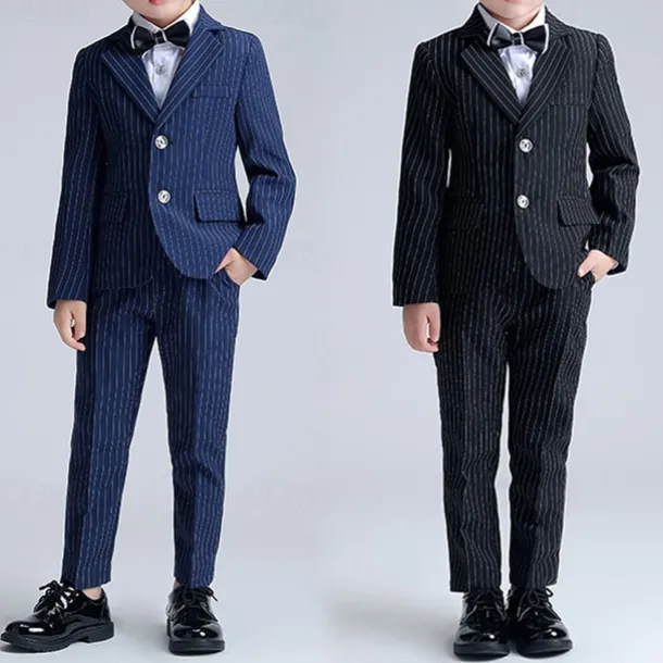 3 Pieces Ring Bearer Suit Boys Kids Suit Formal Suit Suit & Blazer Formal Set Formal Party Fashion Cool Stripe Pocket Black Navy Blue Polyester