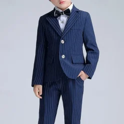 3 Pieces Ring Bearer Suit Boys Kids Suit Formal Suit Suit & Blazer Formal Set Formal Party Fashion Cool Stripe Pocket Black Navy Blue Polyester