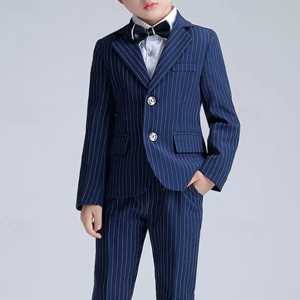 3 Pieces Ring Bearer Suit Boys Kids Suit Formal Suit Suit & Blazer Formal Set Formal Party Fashion Cool Stripe Pocket Black Navy Blue Polyester