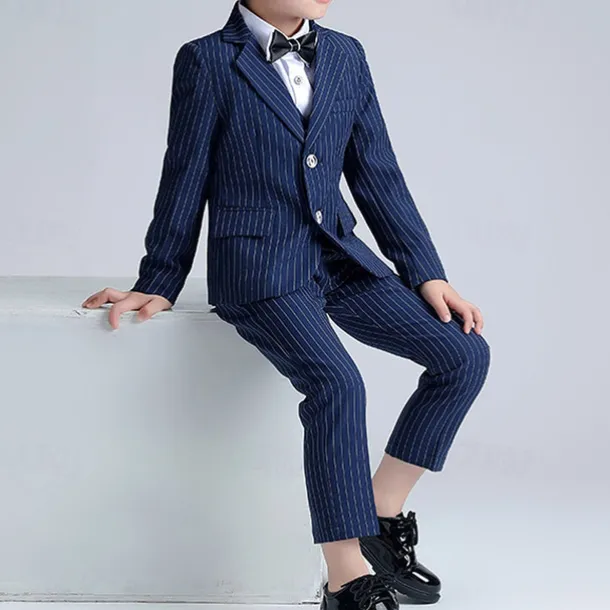 3 Pieces Ring Bearer Suit Boys Kids Suit Formal Suit Suit & Blazer Formal Set Formal Party Fashion Cool Stripe Pocket Black Navy Blue Polyester