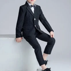 3 Pieces Ring Bearer Suit Boys Kids Suit Formal Suit Suit & Blazer Formal Set Formal Party Fashion Cool Stripe Pocket Black Navy Blue Polyester