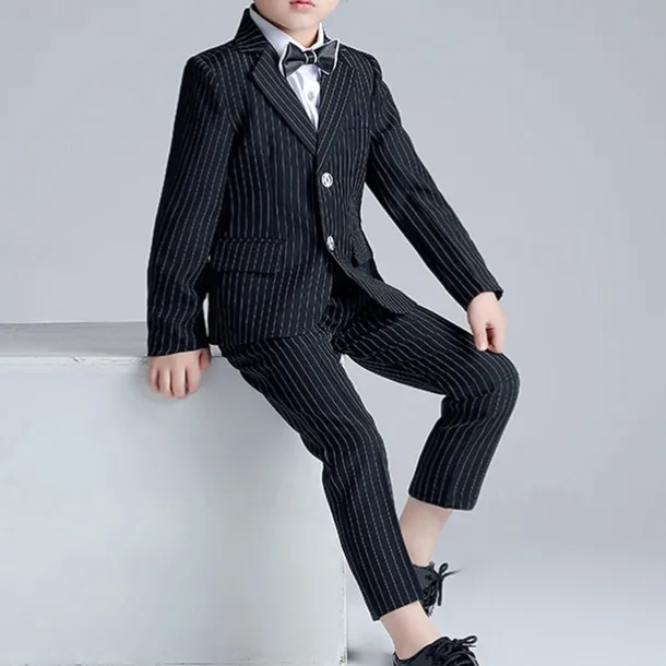 3 Pieces Ring Bearer Suit Boys Kids Suit Formal Suit Suit & Blazer Formal Set Formal Party Fashion Cool Stripe Pocket Black Navy Blue Polyester