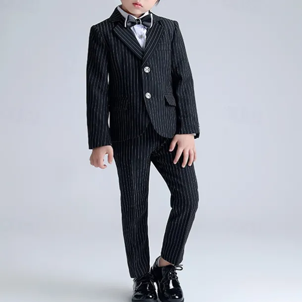 3 Pieces Ring Bearer Suit Boys Kids Suit Formal Suit Suit & Blazer Formal Set Formal Party Fashion Cool Stripe Pocket Black Navy Blue Polyester