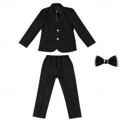 3 Pieces Ring Bearer Suit Boys Kids Suit Formal Suit Suit & Blazer Formal Set Formal Party Fashion Cool Stripe Pocket Black Navy Blue Polyester