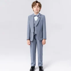 5 Pieces Ring Bearer Suit Boys Kids Suit Formal Suit Blazer & Vest & Pants & Brooch & Tie Formal Party Fashion Cool Solid Color Pocket Blue Beige Gray Polyester
