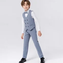 5 Pieces Ring Bearer Suit Boys Kids Suit Formal Suit Blazer & Vest & Pants & Brooch & Tie Formal Party Fashion Cool Solid Color Pocket Blue Beige Gray Polyester