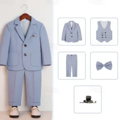 5 Pieces Ring Bearer Suit Boys Kids Suit Formal Suit Blazer & Vest & Pants & Brooch & Tie Formal Party Fashion Cool Solid Color Pocket Blue Beige Gray Polyester