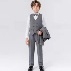 5 Pieces Ring Bearer Suit Boys Kids Suit Formal Suit Blazer & Vest & Pants & Brooch & Tie Formal Party Fashion Cool Solid Color Pocket Blue Beige Gray Polyester