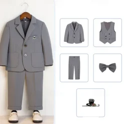 5 Pieces Ring Bearer Suit Boys Kids Suit Formal Suit Blazer & Vest & Pants & Brooch & Tie Formal Party Fashion Cool Solid Color Pocket Blue Beige Gray Polyester