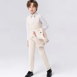 5 Pieces Ring Bearer Suit Boys Kids Suit Formal Suit Blazer & Vest & Pants & Brooch & Tie Formal Party Fashion Cool Solid Color Pocket Blue Beige Gray Polyester
