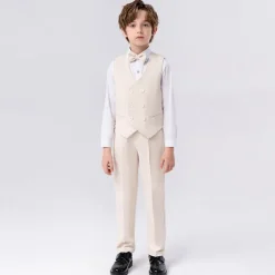 5 Pieces Ring Bearer Suit Boys Kids Suit Formal Suit Blazer & Vest & Pants & Brooch & Tie Formal Party Fashion Cool Solid Color Pocket Blue Beige Gray Polyester