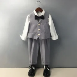 4 Pieces Ring Bearer Suit Boys Kids Suit Formal Suit Vest & Pants Formal Party Valentines Fashion Cool Solid Color Pocket Beige Gray Polyester