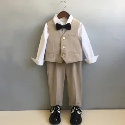 4 Pieces Ring Bearer Suit Boys Kids Suit Formal Suit Vest & Pants Formal Party Valentines Fashion Cool Solid Color Pocket Beige Gray Polyester