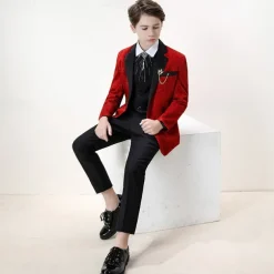 4 Pieces Ring Bearer Suit Boys Kids Suit Formal Suit Blazer & Pants & Shirts & Tie Formal Party Valentines Fashion Cool Solid Color Pocket Wine Polyester