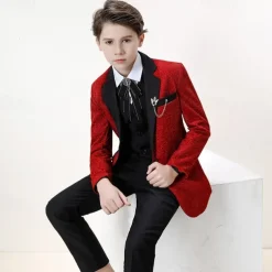 4 Pieces Ring Bearer Suit Boys Kids Suit Formal Suit Blazer & Pants & Shirts & Tie Formal Party Valentines Fashion Cool Solid Color Pocket Wine Polyester
