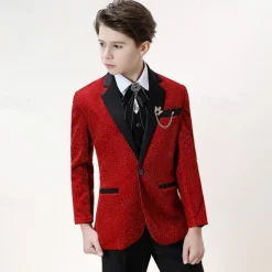 4 Pieces Ring Bearer Suit Boys Kids Suit Formal Suit Blazer & Pants & Shirts & Tie Formal Party Valentines Fashion Cool Solid Color Pocket Wine Polyester