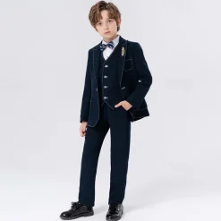 5 Pieces Ring Bearer Suit Boys Kids Suit Formal Suit Blazer & Vest & Pants & Brooch & Tie Formal Party Valentines Fashion Cool Solid Color Pocket Navy Blue Blue Polyester