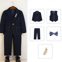 5 Pieces Ring Bearer Suit Boys Kids Suit Formal Suit Blazer & Vest & Pants & Brooch & Tie Formal Party Valentines Fashion Cool Solid Color Pocket Navy Blue Blue Polyester