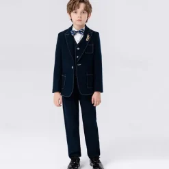 5 Pieces Ring Bearer Suit Boys Kids Suit Formal Suit Blazer & Vest & Pants & Brooch & Tie Formal Party Valentines Fashion Cool Solid Color Pocket Navy Blue Blue Polyester