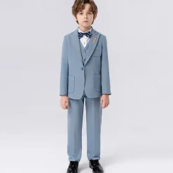 5 Pieces Ring Bearer Suit Boys Kids Suit Formal Suit Blazer & Vest & Pants & Brooch & Tie Formal Party Valentines Fashion Cool Solid Color Pocket Navy Blue Blue Polyester