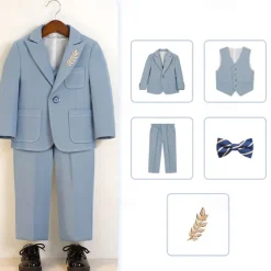 5 Pieces Ring Bearer Suit Boys Kids Suit Formal Suit Blazer & Vest & Pants & Brooch & Tie Formal Party Valentines Fashion Cool Solid Color Pocket Navy Blue Blue Polyester