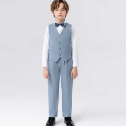 5 Pieces Ring Bearer Suit Boys Kids Suit Formal Suit Blazer & Vest & Pants & Brooch & Tie Formal Party Valentines Fashion Cool Solid Color Pocket Navy Blue Blue Polyester