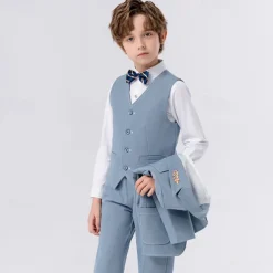 5 Pieces Ring Bearer Suit Boys Kids Suit Formal Suit Blazer & Vest & Pants & Brooch & Tie Formal Party Valentines Fashion Cool Solid Color Pocket Navy Blue Blue Polyester