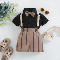 3 Pieces Ring Bearer Suit Boys Kids Toddler Shirt & Shorts School Formal Party Cool Basic Casual Stripe Striped V Neck Black Cotton