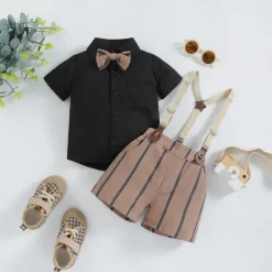 3 Pieces Ring Bearer Suit Boys Kids Toddler Shirt & Shorts School Formal Party Cool Basic Casual Stripe Striped V Neck Black Cotton