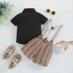 3 Pieces Ring Bearer Suit Boys Kids Toddler Shirt & Shorts School Formal Party Cool Basic Casual Stripe Striped V Neck Black Cotton