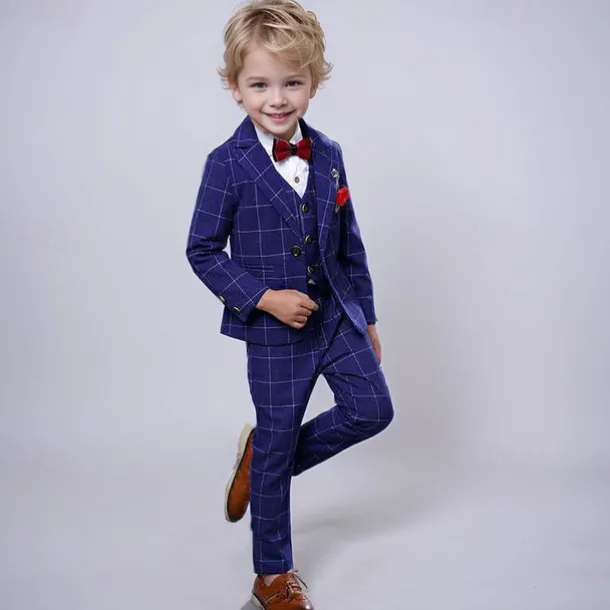 3 Pieces Ring Bearer Suit Boys Kids Suit Formal Suit Suit & Blazer Tank & Pants Formal Anniversary Cool Gentle Plaid Wine Blue Gray Cotton